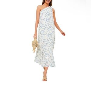One-Shoulder Blue Print Midi Dress - White & Light Blue